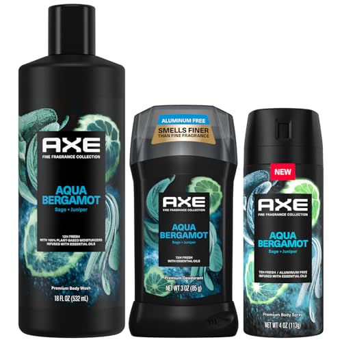 AXE Aqua Bergamot Fine Fragrances Collection for Men – Men’s Body Wash, Body Spray & Deodorant, Sage & Juniper (3 Piece